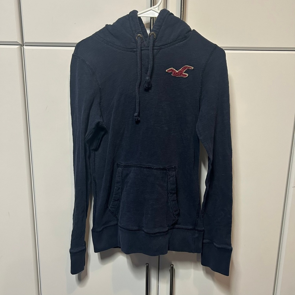 Hollister California Mens XS Navy Blue Cotton Pullover Hoodie Seagull Logo Logo
